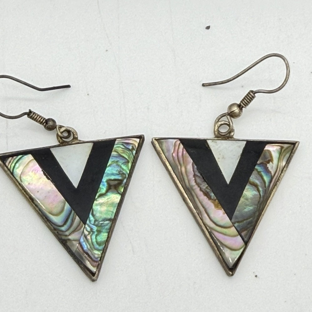 Vtg Alpaca Earrings Abalone Inlay Dangle Geometric Modernist Triangles